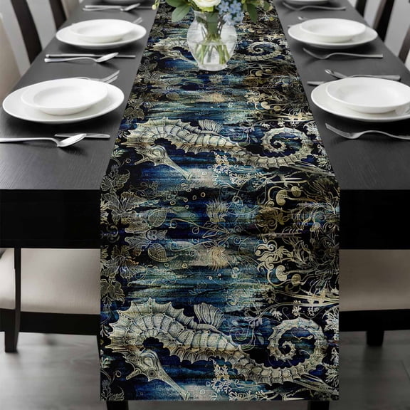 Sea Horse Table Runner 36 Inches Long, Coastal Ocean Golden Navy Blue Floral Leaf Kitchen Coffee Dining Table Decoration for Home Party Birthday Wedding Home Decor 13x36 Inches