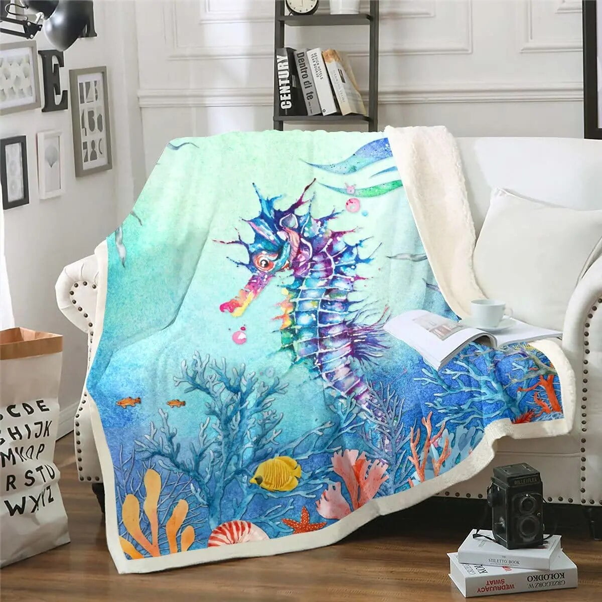 Sea Horse Throw Blanket Ocean Animal Theme Flannel Blankets for Couch ...