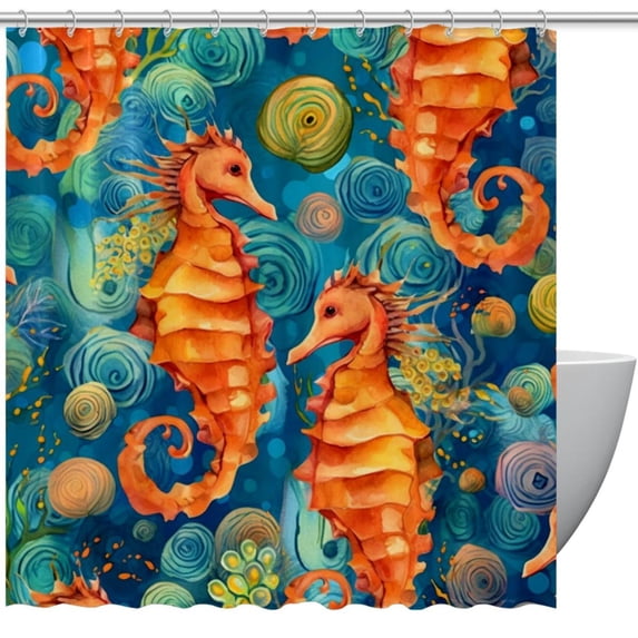 Sea Horse Waterproof Bathroom Curtain Set with Hooks - Printed Shower Curtains for Bathroom Decoration