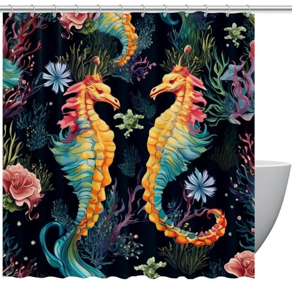 Sea Horse Waterproof Shower Curtain Sets with Hook, Printed Design - Bathroom Decoration - 3 Piece Set