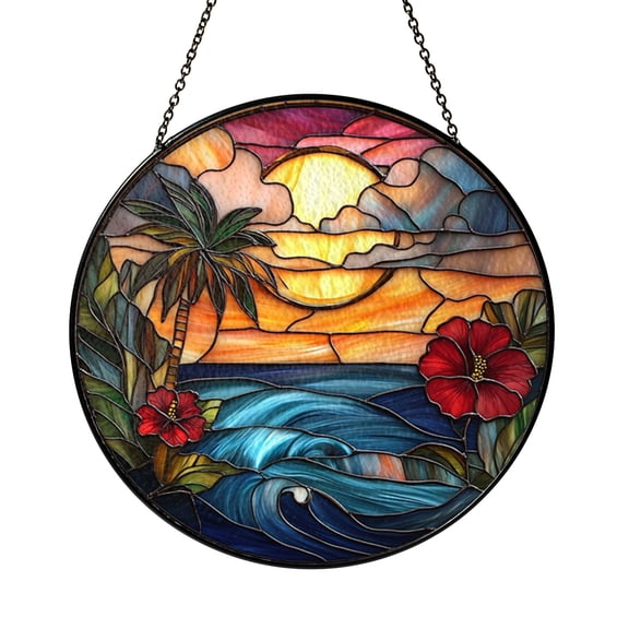 Sea Inspired Beach Stained Glass Style Window Hanging, Coastal Mosaic Art Decor Accent Gift