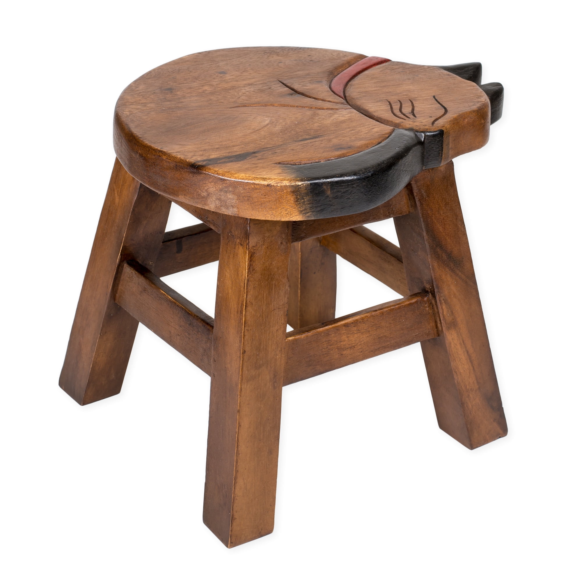 Hand Carved Acacia Hardwood Sleepy Kitty Decorative Stool