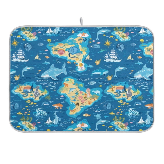 Sea Islands Fish Ship Dish Drying Mat 16x18 Absorbent Microfiber Draining Rack Pad for Kitchen Counter Sink