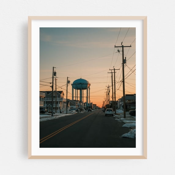 Sea Isle City at Sunset - Sea Isle City New Jersey Photography Sunset Street Photography Snow Architecture Winter Coastal Vintage Oak Framed Wall Art Print 18 x 24 inches