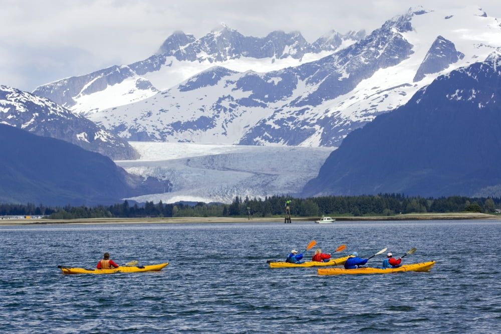 Sea Kayakers In Gastineau Channel With Mendenhall Glacier And Coast Mountains In The Background In Southeast Alaska During Summer Canvas Art - Don Pitcher Design Pics (17 x 11)