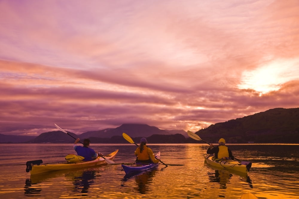 Sea Kayakers Paddle Around Near Island At Sunset Near Kodiak Alaska During Summer Canvas Art - Michael DeYoung Design Pics (17 x 11)