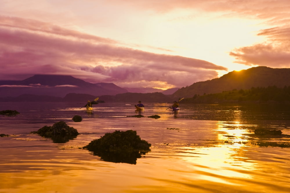 Sea Kayakers Paddle Around Near Island At Sunset Near Kodiak Alaska During Summer Canvas Art - Michael DeYoung Design Pics (34 x 22)