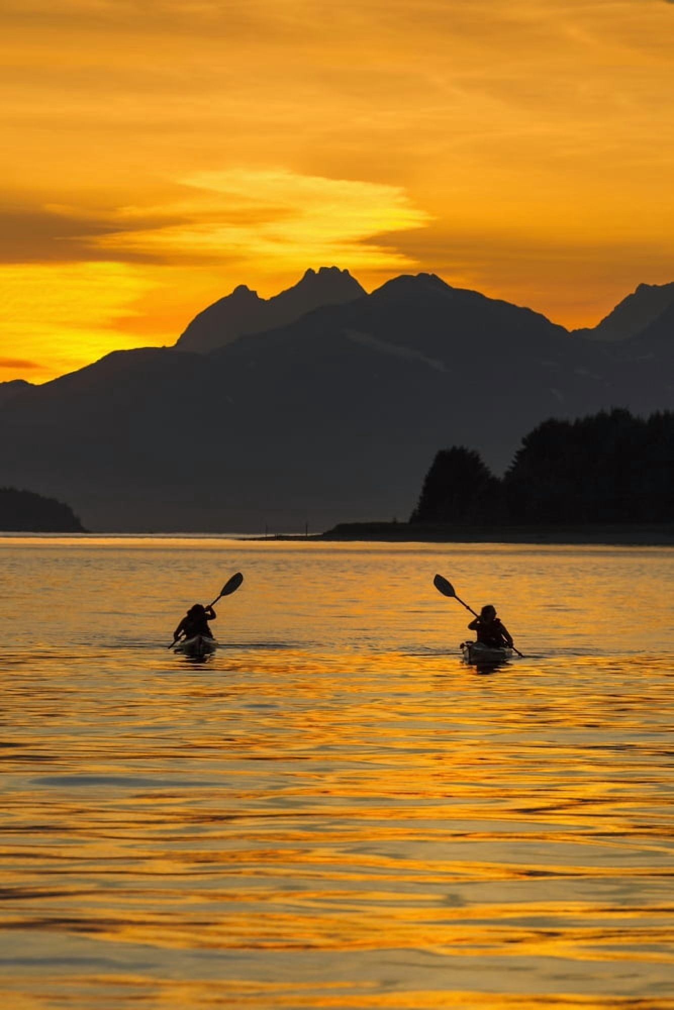 Sea Kayaking on a sublime evening in Lynn Canal near Eagle Beach State Recreation Area Juneau Alaska Chilkat Mountains beyond in the distance Canvas Art - John Hyde Design Pics (12 x 19)