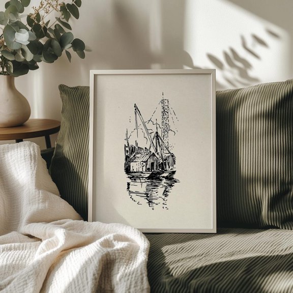 Sea Landscape Hand Drawn Cozy Apartment Decor Industrial Decorative Design Accent Wall Decor