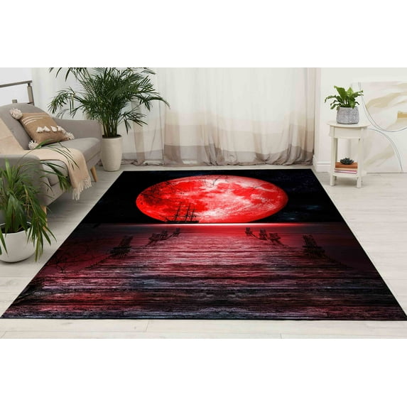Sea Landscape Rug, Huge Red Moon Rugs, Moon Landscape Rug, Full Moon Rug, Bathroom Rug, Car Mat, Front Door Rug, Non-Slip Carpet, View Rug, 5.2'x7.5' - 160x230 cm