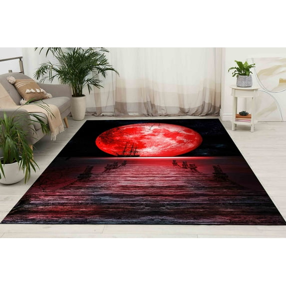 Sea Landscape Rug, Huge Red Moon Rugs, Moon Landscape Rug, Full Moon Rug, Bathroom Rug, Car Mat, Front Door Rug, Non-Slip Carpet, View Rug, 5.9'x9.2' - 180x280 cm