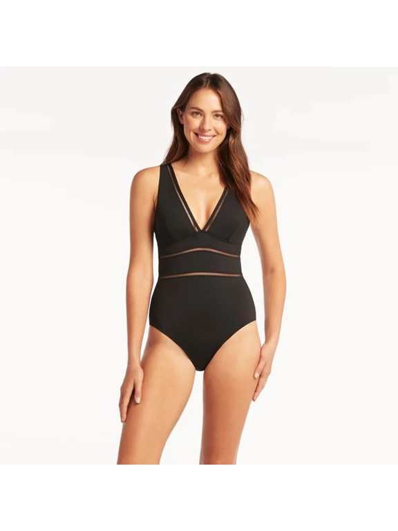 Sea Level Women Black Spliced Slim Tummy Control One Piece Swimsuit Size US 4