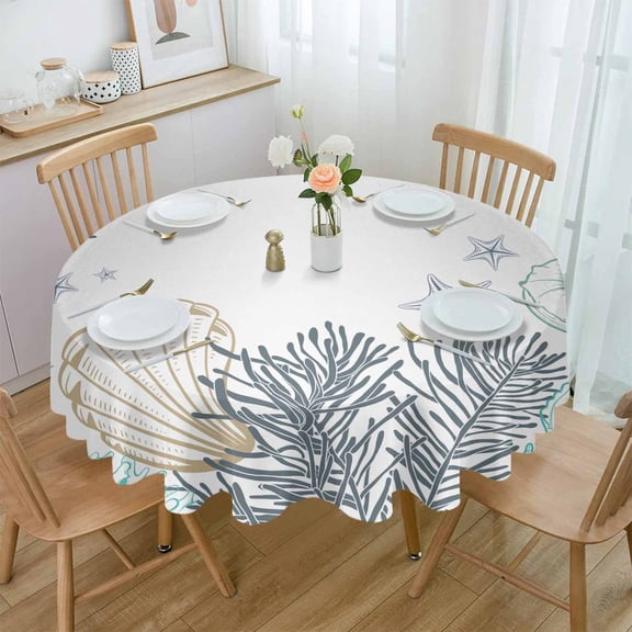 Sea Life Abstract Pattern Shell StarRound Table Cloth Waterproof Wedding Holiday Tablecloth Coffee Table Decor Table Cover