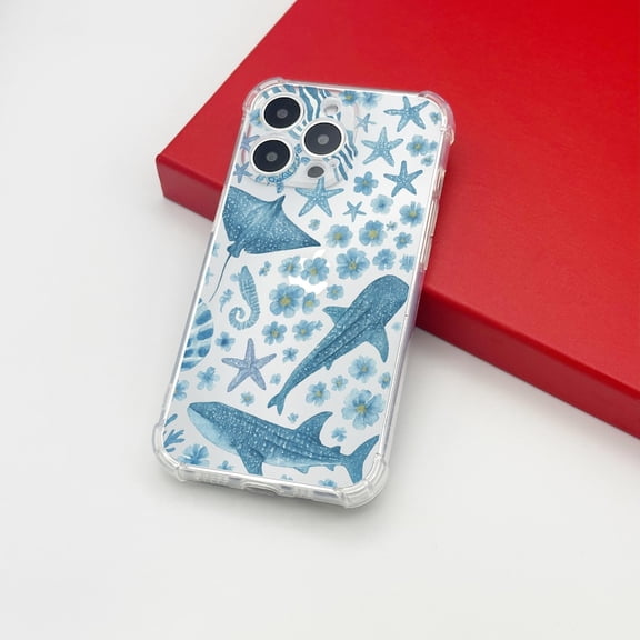 Sea Life Clear Phone Case, Blue Floral Beach Theme Protective Cover