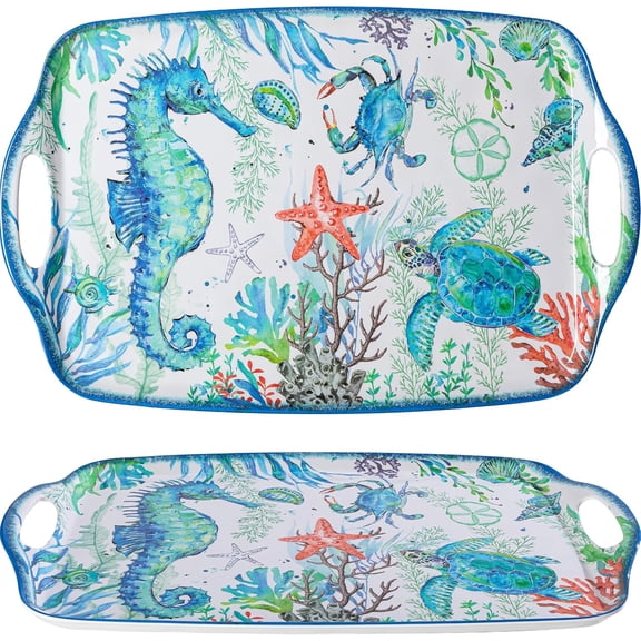 Sea Life Coastal Serving Tray with Handles, Large Rectangular Melamine Platter for Food, Set of 2, 19 x 12 Inch, Unbreakable