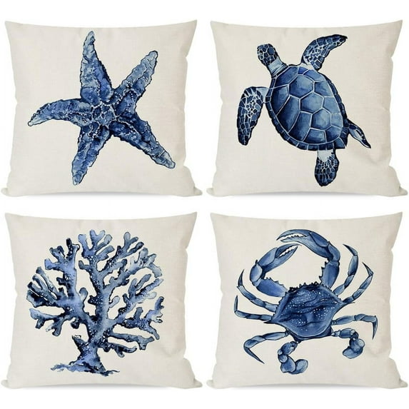 Sea Life Coastal Throw Pillow Covers 18x18 Inch Starfish Turtle Crab Coral Indigo Blue Summer Beach Ocean Nautical Outdoor Decorations Decorative Throw Pillows Cases Set of 4 for Couch Decor