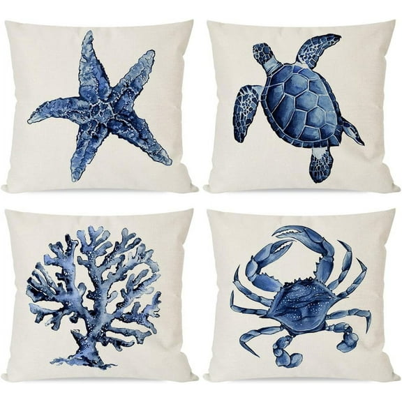 Sea Life Coastal Throw Pillow Covers 18x18 Inch Starfish Turtle Crab Coral Indigo Blue Summer Beach Ocean Nautical Outdoor Decorations Decorative Throw Pillows Cases Set of 4 for Couch Decor