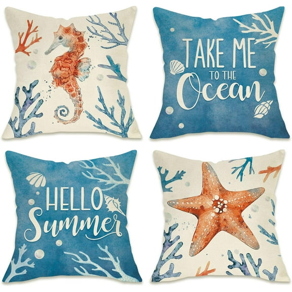 Sea Life Coastal Throw Pillow Covers 18x18 Inch Starfish Turtle Crab Coral  seahorse Summer Beach Ocean Nautical Outdoor Decorations Decorative Throw Pillows Cases for Couch Decor