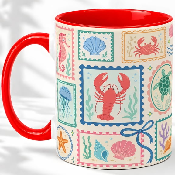 Sea Life Collage Accent Mug, 11oz Ceramic Coffee Cup for Ocean Lovers