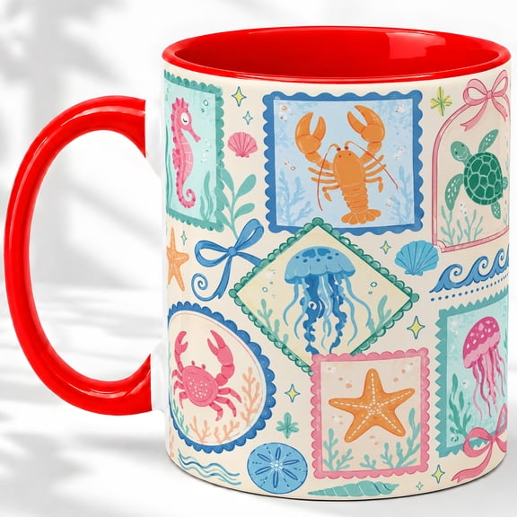 Sea Life Collage Accent Mug, 11oz Ceramic Coffee Cup for Ocean Lovers