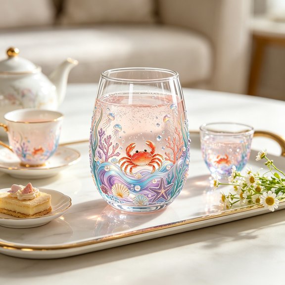 Sea Life Glass Tumbler, Coastal Stemless Wine Cup, Reusable Party Glassware for Iced Coffee Juice Cocktail Beach Home
