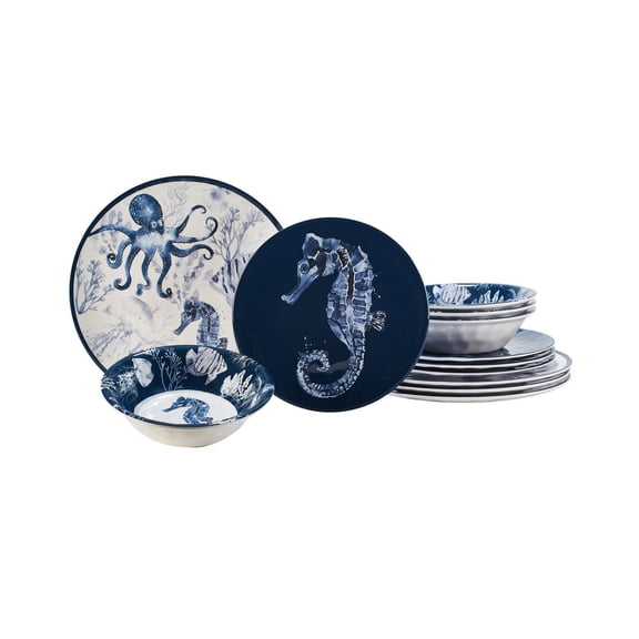 Sea Life Melamine 12-Piece Dinnerware Set, Service for 4 - Ocean-Themed Plates and Bowls