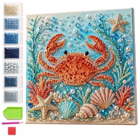 Sea Life Pearl Art DIY Kit with Frame, Crab 3D Pearl Mosaic Complete Craft Set for Adults and Beginners, Ocean Lover Gift