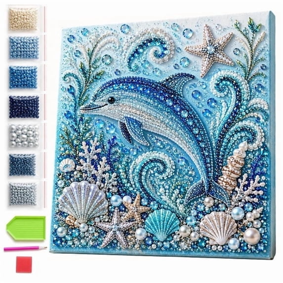 Sea Life Pearl Art DIY Kit with Frame, Dolphin Complete 3D Pearl Painting Craft Set, Beginner Friendly Ocean Wall Decor