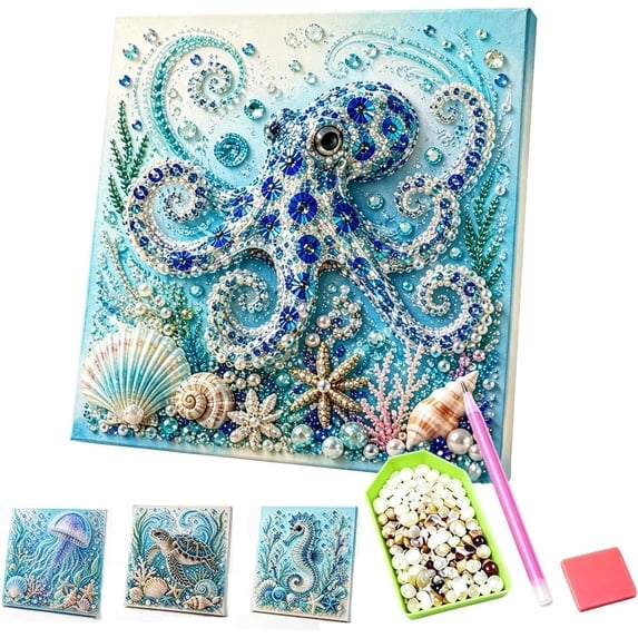 Sea Life Pearl Art DIY Kit with Frame, Octopus Complete 3D Pearl Painting Craft Set, Beginner Friendly Ocean Wall Decor