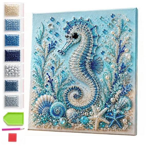 Sea Life Pearl Art DIY Kit with Frame, Seahorse 3D Pearl Mosaic Complete Craft Set for Adults and Beginners, Ocean Lover Gift