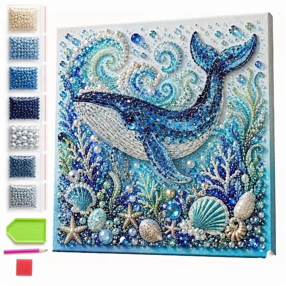 Sea Life Pearl Art DIY Kit with Frame, Whale 3D Pearl Mosaic Complete Craft Set for Adults and Beginners, Ocean Lover Gift