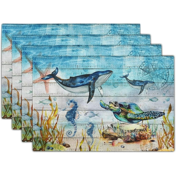 Sea Life Placemats Set of 4- Sea Turtle Seahorse Whale Ocean Animal Place Mats- Vintage Compass Wood Board Heat Resistant Linen Table Mats 12"x18" for Dining Kitchen Summer Decoration