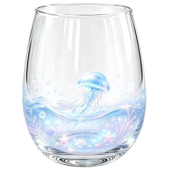 Sea Life Printed Stemless Wine Glass, Clear Reusable Glass Tumbler for Wine, Iced Coffee, Beach Party & Home Gathering