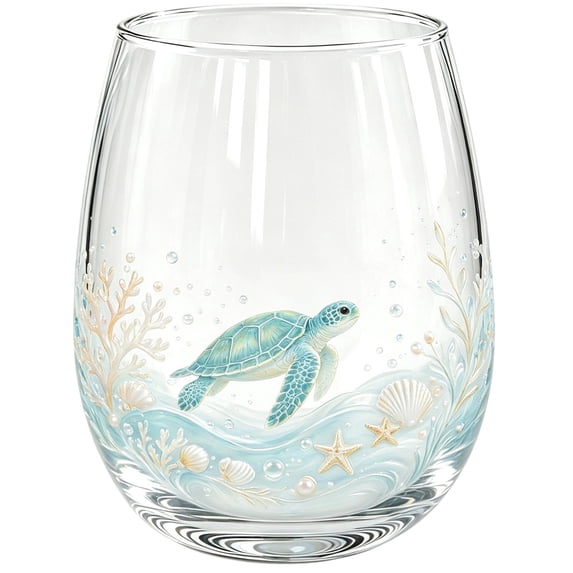 Sea Life Printed Stemless Wine Glass, Clear Reusable Glass Tumbler for Wine, Iced Coffee, Beach Party & Home Gathering
