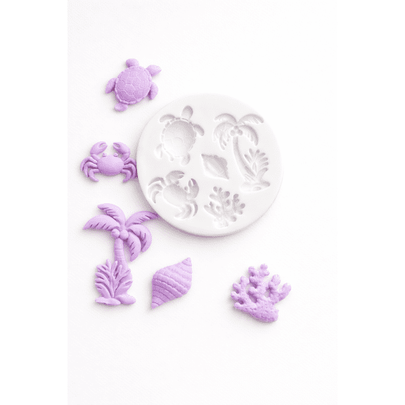 Sea Life Silicone Mold  Turtle, Crab, Palm Tree, Shell & Coral Fondant Mold