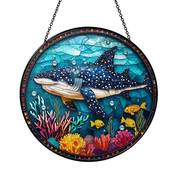 Sea Life Stained Glass Style Window Hanging, Large Fish Inspired Art Panel, Decorative Glass Style Window Decor for Nautical Home Accent