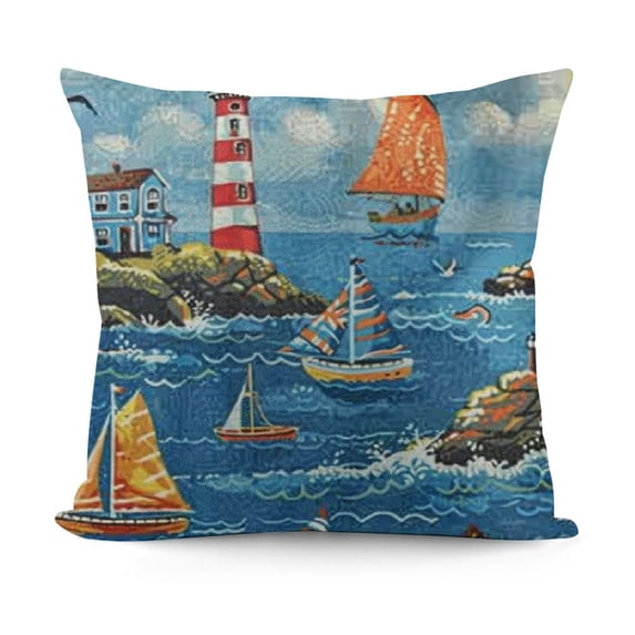 Sea Life Throw Pillow Cushion Case, Boats and Lighthouse Whale Seagulls, Decorative Square Accent Pillow Cover Sky Blue Multicolor