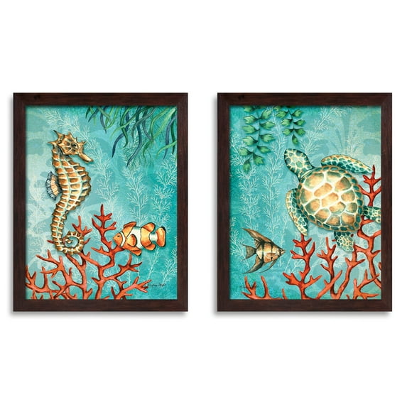 Sea Life Turquoise and Orange Under the Ocean Fish Turtle Seahorse and Coral; Coastal Décor; Two 11x14 Brown Framed Prints. Teal/Orange