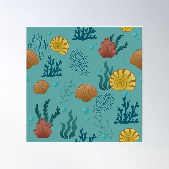 Sea Life, Under The Water Pattern, Sea Shells And Corals Poster Wall Art, Modern Wall Decor For Living Room Bedroom, 24x24 UNFRAMED