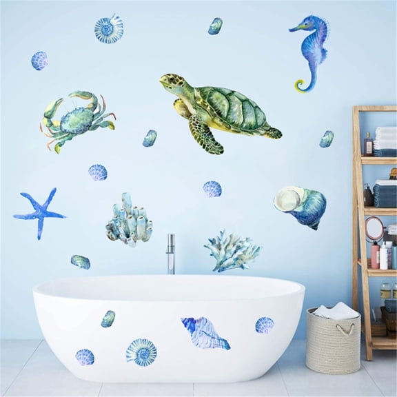 Sea Life Window Decals Stickers Ocean Turtle Seahorse Jellyfish Starfish Coral Summer Wall Clings Sticker PVC Self-Adhesive Peel and Stick for Bedroom Home Bathroom