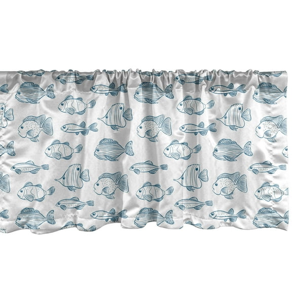 Sea Life Window Valance Pack of 2, Outline Design of Hand Drawn Fish Shapes and Aquatic Creatures, Rod Pocket Curtain Valances for Kitchen Bedroom, 54" X 18", Dark Sky Blue White, by Ambesonne