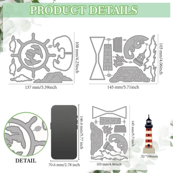 Sea Lighthouse Cutting Dies Stencils Summer Sailing Rudder Metal Die Cuts Ocean Wave Rocks Carbon Steel Embossing Templates for Scrapbooking Craft Card Making Birthday Gift Decoration