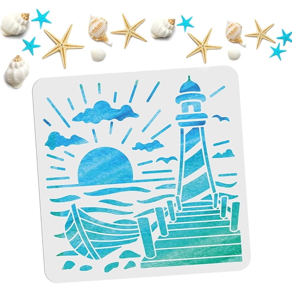 Sea Lighthouse Stencils 11.8 x 11.8 Inch Ocean Nautical Lighthouse Sailboat Template Reusable Summer Clouds Sun Seagulls Drawing Template