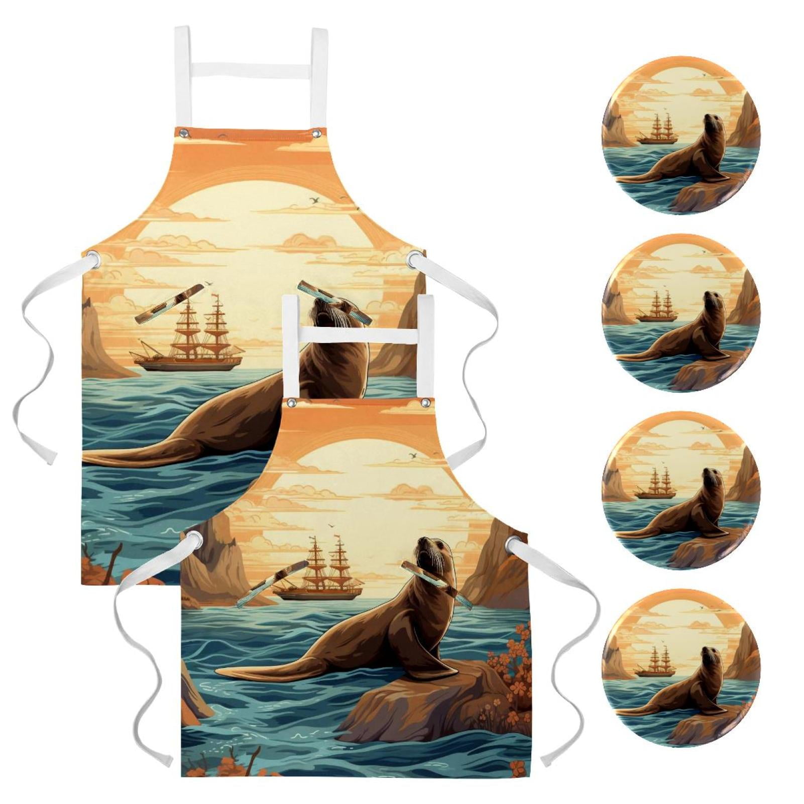 Sea Lion 2 Pack Waterproof Aprons with Pockets and Badge Pins