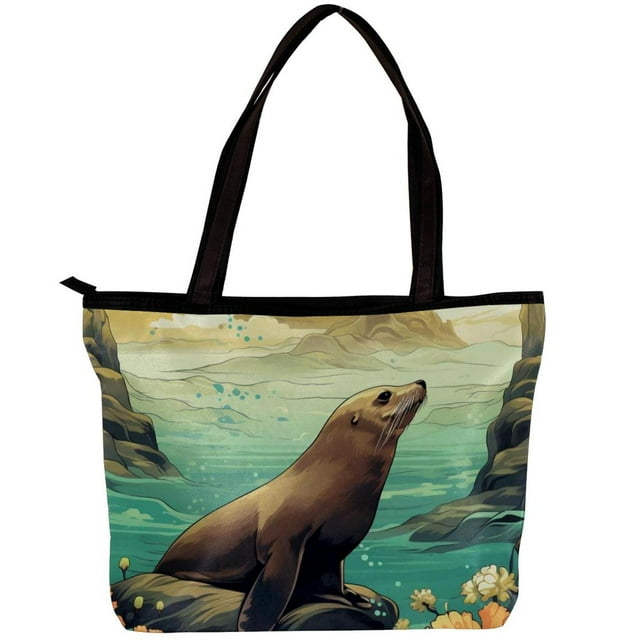 Sea Lion Canvas Leather Mix Tote Bag with Twill, Sponge, and Jeanette ...