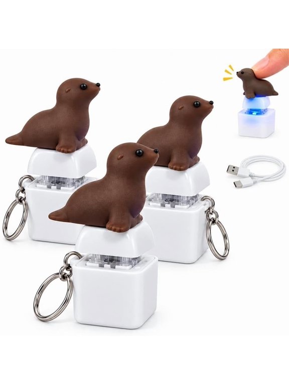 Sea Lion Clicker Keychain Fidget Toy Funny Cute Button Speak Out Clicker, Type-C Rechargeable Noise Maker with Colorful LED Light for Sensory Fidgeting, Desk Fun, Party Favors and Novelty Gifts