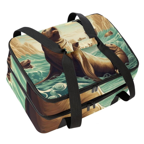 Sea Lion Double Layered Insulated Lunch Bag with Two Compartments - Large Capacity 7.1x11.4x16.1 Inches Hand-Carry Lunch Bags for Refrigerated Meals