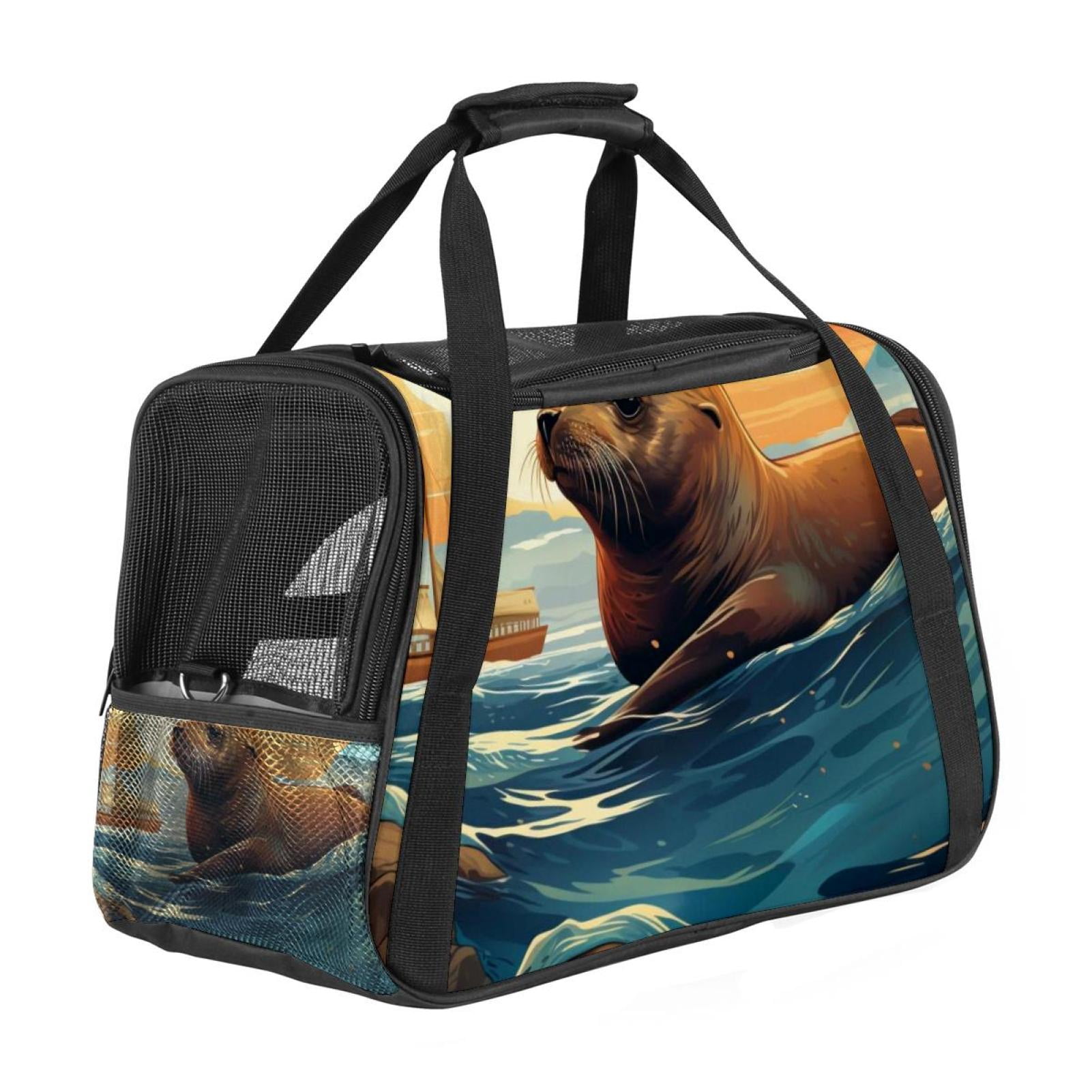 Sea Lion Fabric 900D Oxford Cloth Pet Carrier Bag Base Sherpa Nylon Webbing 17x10x11.8 in 43x26x30 Cm Gray Black Comfortable Lightweight Durable Travel Crate