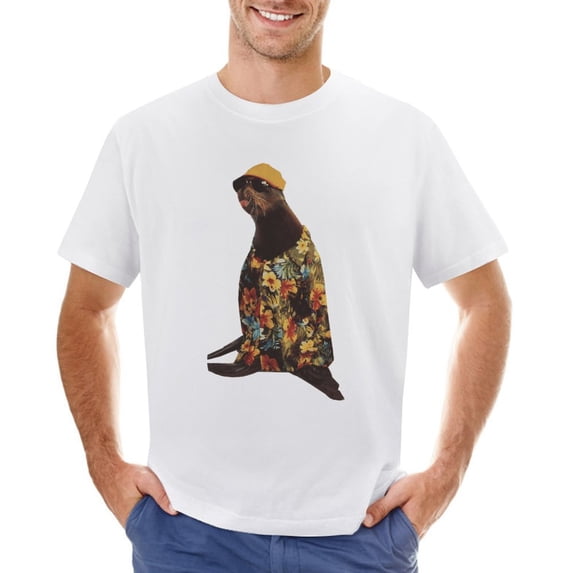 Sea Lion + Hawaiian Shirt Men’s T-Shirt 100% Cotton Casual Short Sleeve Tops Gift Tee White 5XL