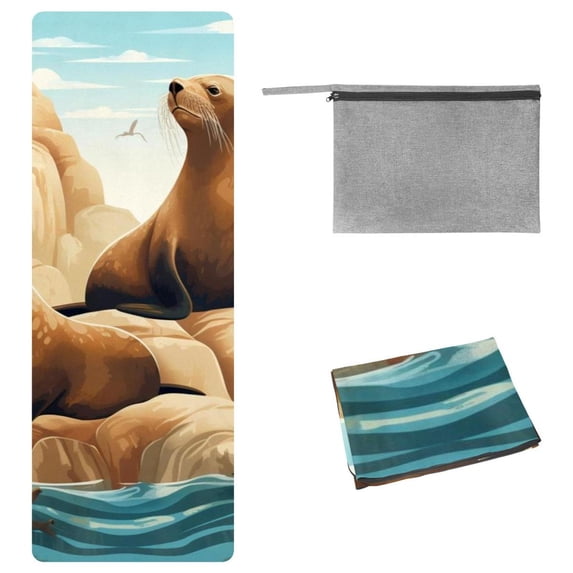 Sea Lion Hot Yoga Towel with Storage Bag, 72.8"x26.8", Suitable for Yoga, Pilates, Fitness, etc. - Yoga Blankets, Yoga Towel